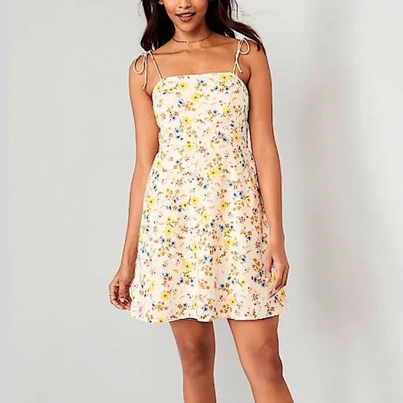 slim fit dress slacks Lemon Print Tie Shoulder Mini Dress | Square Neck Italian Summer Sundress |  Yellow A-Line Fit & Flare Vacation Dress in Linen Blend main image 0